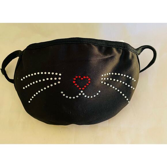 New Black Cat Kitten Multi Rhinestone Eyes Red Heart 2 Side Safety Facial Mask - Picture 1 of 2